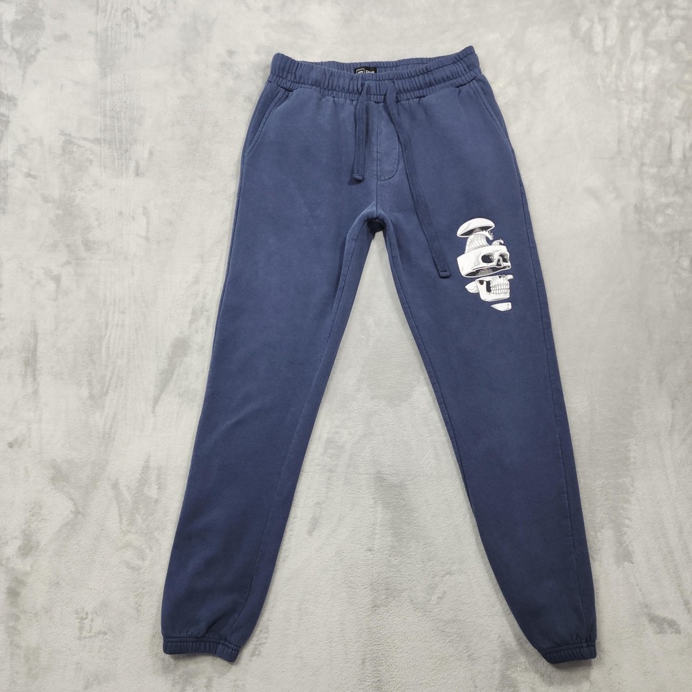 CHOMP Pants Mens M Blue Fleece Jogger Skull Graphic Skate Casual Athleisure